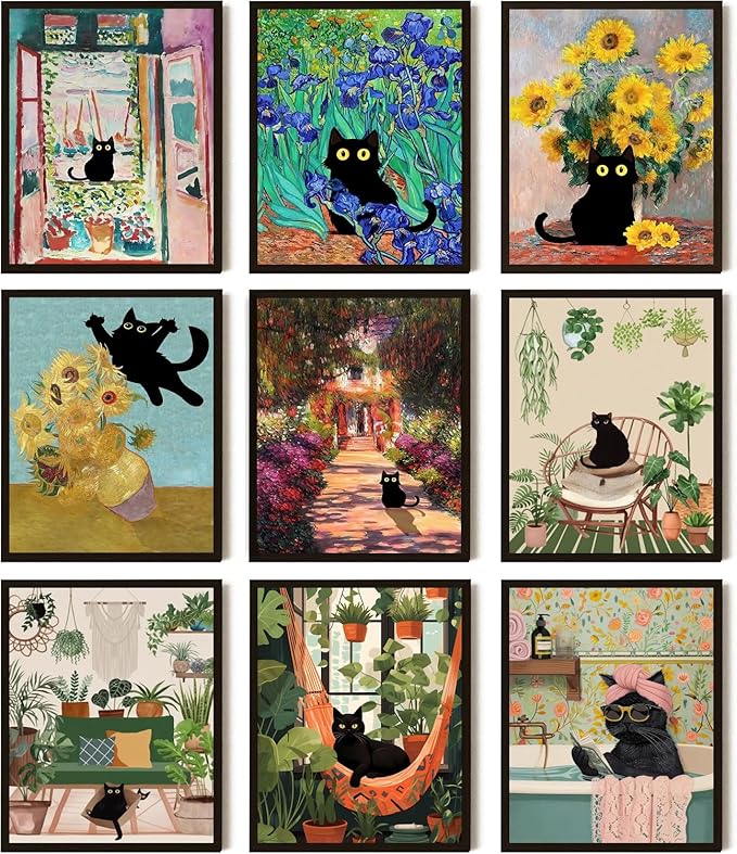 SEHSUVC Funny Black Cat Poster Set of 9, Vintage Van Gogh Black Cat Wall Art Prints, Colorful Cat Floral Aesthetic Prints Wall Decor Paintings for Bedroom Bathroom Dorm Home Decor 8x10In Unframed