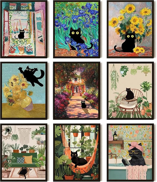 SEHSUVC Funny Black Cat Poster Set of 9, Vintage Van Gogh Black Cat Wall Art Prints, Colorful Cat Floral Aesthetic Prints Wall Decor Paintings for Bedroom Bathroom Dorm Home Decor 8x10In Unframed
