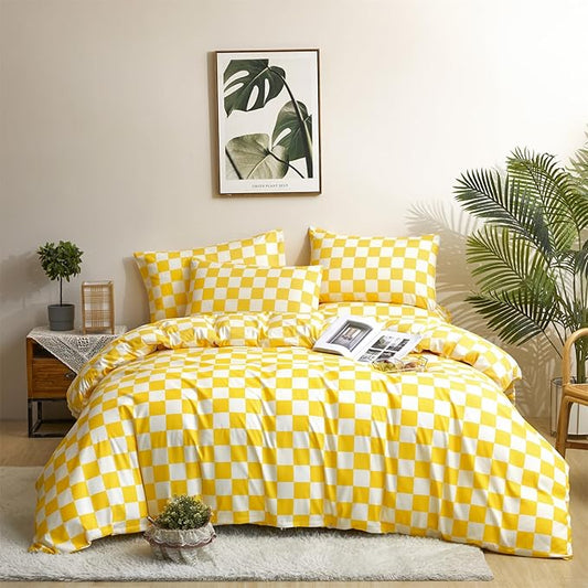 Yellow Checkered Comforter Set King - 3-Piece Bedding Set Lightweight All-Season Comforter with 2 Pillowcases Ultra Soft Microfiber Comforter