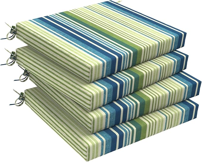 Set of 4 Outdoor Square Chair Cushions 18.5"x16"x2" for Patio, Water Resistant Patio Dining Seat Pads Replacement for Kitchen Garden and Outdoor Furniture Decoration - Stripe Blue Green