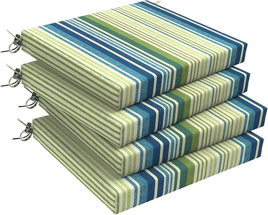 Set of 4 Outdoor Square Chair Cushions 18.5"x16"x2" for Patio, Water Resistant Patio Dining Seat Pads Replacement for Kitchen Garden and Outdoor Furniture Decoration - Stripe Blue Green