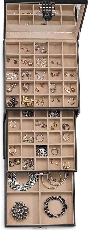 Earring Organizer Holder - 75 Small & 4 Large Slots Classic Jewelry Box with Drawer & Modern Closure, Mirror, 4 Trays Earrings, Ring or Chain Storage - PU Leather Case - Black