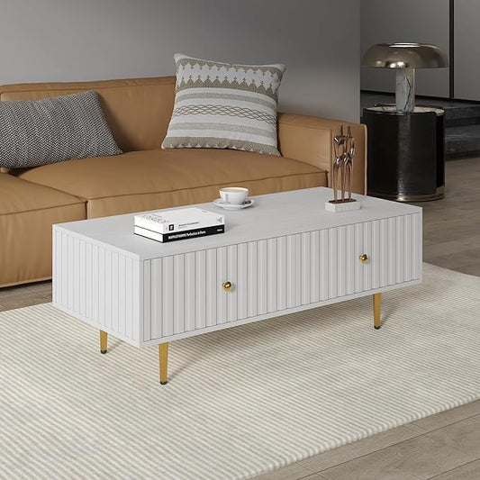 Modern Coffee Table with Storage with 2 Big Drawers, White Rectangle Coffee Table for Living Room, Wooden Fluted Table Accent Tea Table for Living Room Apartment Small Space
