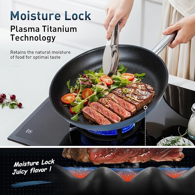 MAISON ARTS Nonstick Frying Pans Set 3 Piece, 12" Deep Saute Pan with Lid and 10" Fry Skillet, Induction Cookware Sets with Plasma Titanium Coating