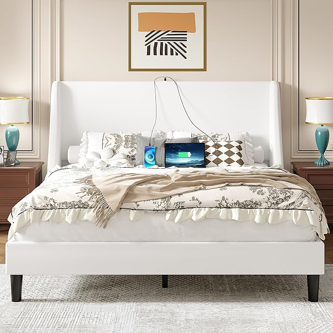 VECELO Queen Bed Frame with Upholstered Wingback Headboard, Heavy-Duty Platform Bedframe with Charging Station, Wooden Slats, No Box Spring Needed, White