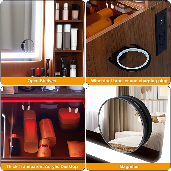 Vanity Desk,Transparent Desktop,Multiple Color Ambient Lights,with Mirror and Tri Color Light Strip,Dressing Table with Charging Station,Equipped with 2 Drawers,Peach Colored