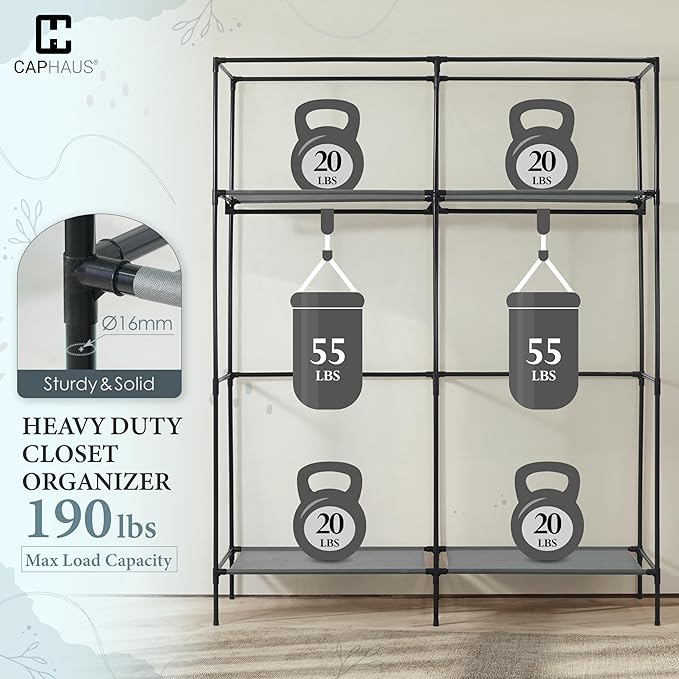 CAPHAUS 55-Inch Clothing Rack with Cover, Portable Closet Wardrobe, Covered Garment Rack for Hanging Clothes, 190LB Capacity Heavy-Duty Metal Frame Clothes Organizer Rack with Storage Shelves