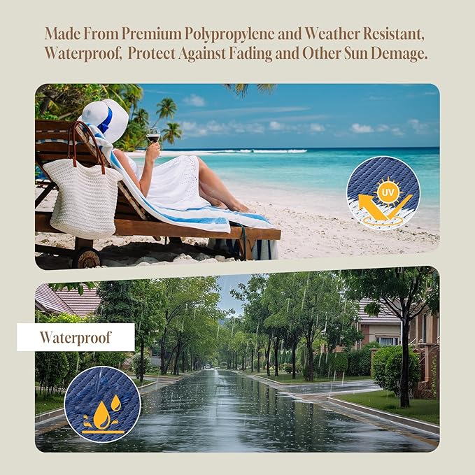 OMERAI Reversible Waterproof Outdoor Rug for Backyard,Plastic Textured Resistant Outdoors Rugs,Portable Washable Easy Cleaning Foldable Camping Beach Carpet for Patio Courtyard, 8'x10' Blue & White