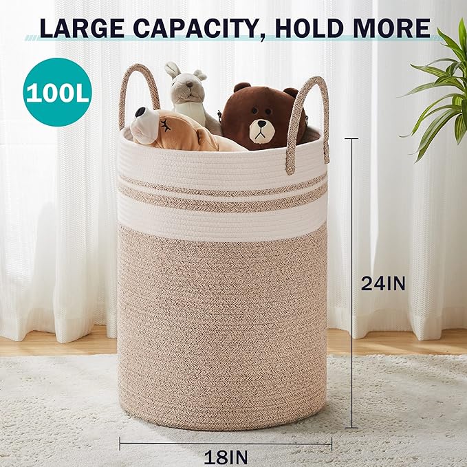 Woven Rope Laundry Hamper Basket, 100L Tall Laundry Basket, Baby Nursery Hamper for Blanket Storage, Clothes Hamper for Laundry in Bedroom-Extra Large-Brown