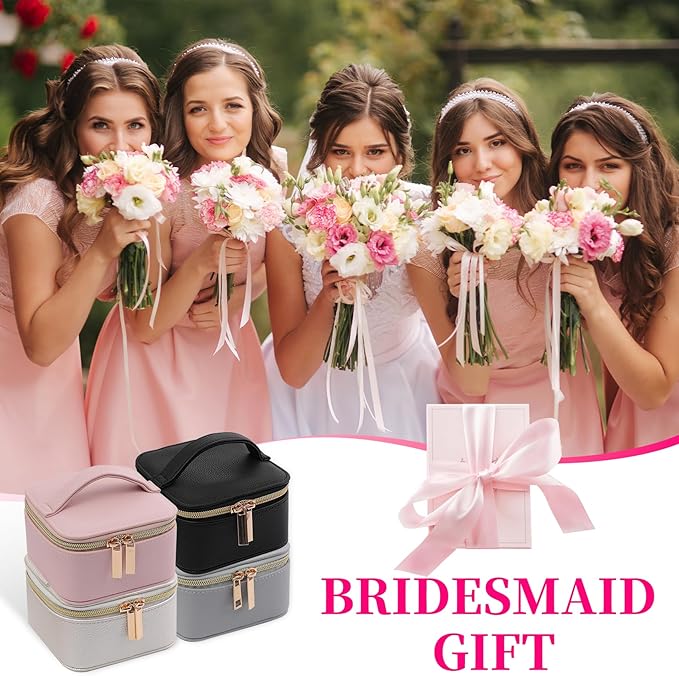 PU Leather Travel Jewelry Organizer Case with 4 Pouches & Handle, Anti-Tangle Storage Box for Necklace, Earrings, Rings, Compact Jewelry Box for Women Gift (Pink)