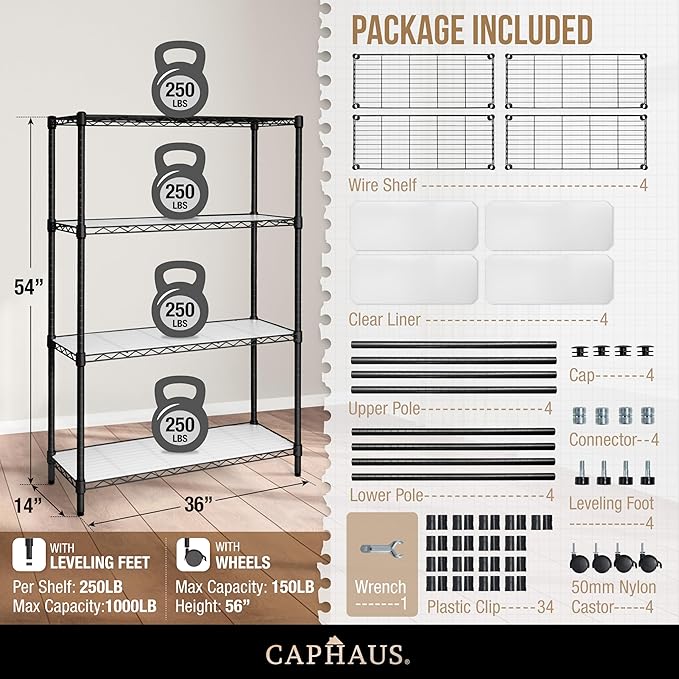 CAPHAUS NSF Adjustable Height Wire Shelving Unit w/Liner, Basement Storage Shelving, Metal Steel Storage Shelves, Garage Shelving Storage Organizer, Utility Shelf, 4-Tier W/Wheels W/Liners, Black