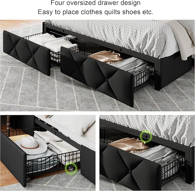 Feonase Full Size Bed Frame with 4 Storage Drawers, Upholstered Platform Bed with Charging Station, Wingback Storage Headboard, Wooden Slats Support, No Box Spring Needed, Easy-Assembly, Black