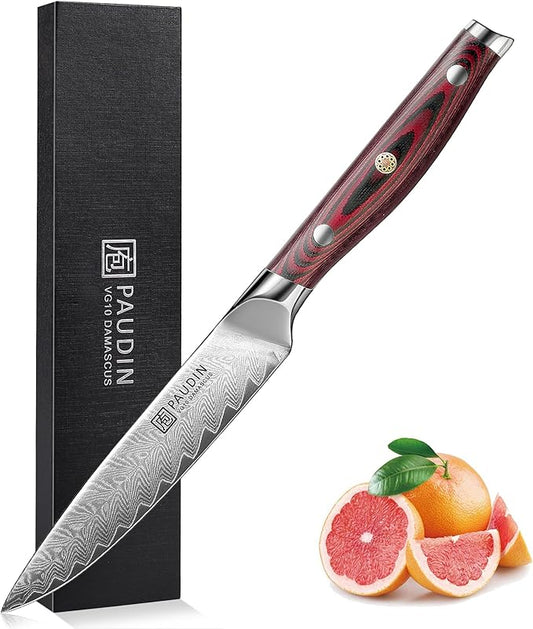 PAUDIN Kitchen Utility Knife 5 Inch, Damascus Chef Knife Japanese Kitchen Knife VG10 High Carbon Stainless Steel