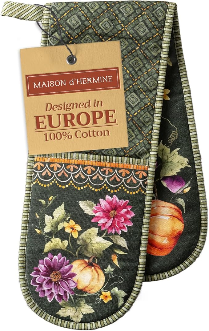 Maison d' Hermine Double Oven Mitt (7" x 35") 100% Cotton Heat Resistant BBQ Cooking Gloves with Loop for Thanksgiving Christmas Decorations Cooking Handling Hot Pan (Pumpkin Garden - Dark Green)