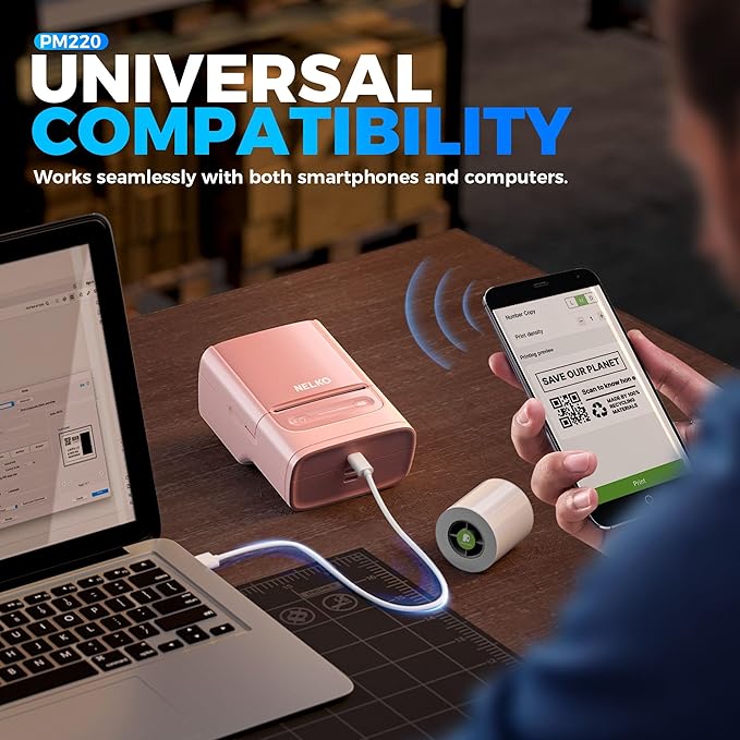 Nelko Label Maker Machine with Tape, PM220 Bluetooth Label Printer, 2 Inch Portable Thermal Printer for Small Business, Logo, Clothing, Sticker Printer for Phones & PC, with 3 Labels, Pink