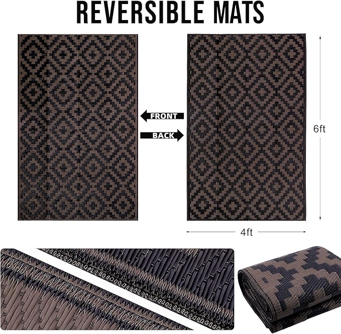 OLANLY Waterproof Outdoor Rug 4x6 ft, Outdoor Plastic Straw Rug for Camping, RV Mat Outside, Outdoor Carpet for Porch, Deck, Backyard, Balcony, Picnic, Black & Brown