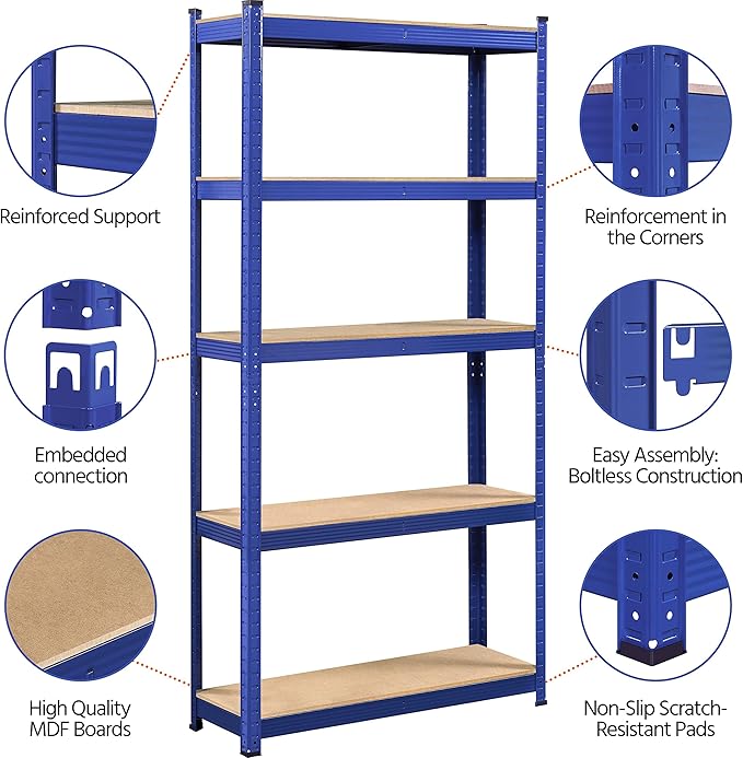 Yaheetech Standing Shelf Units, 5 Tier Storage Shelf, Heavy Duty Shelving, Adjustable Garage Shelves, Utility Rack Shelf Unit, Basement Warehouse Shed, 35.5″W× 12″D × 71″H - Blue