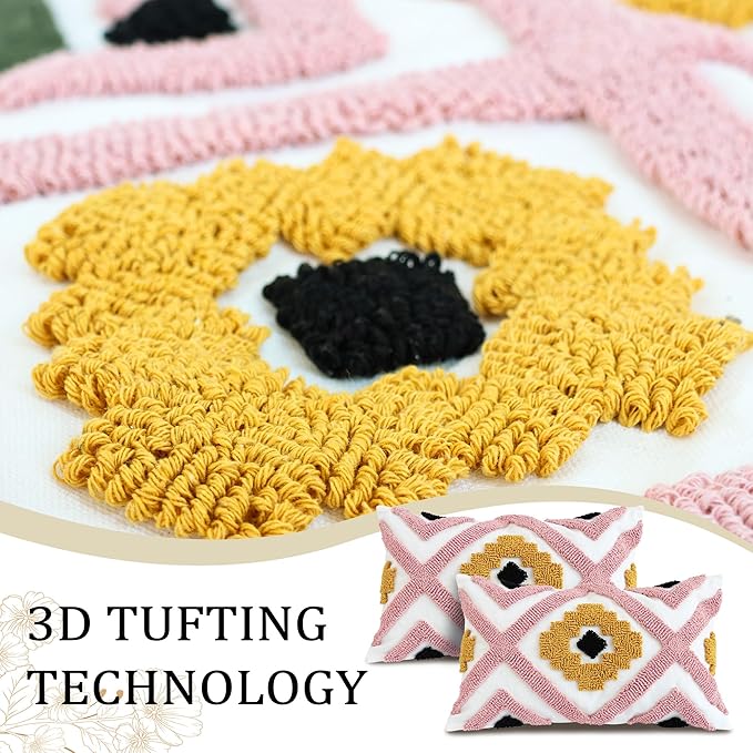 Boho Accent Lumbar Pillow Covers 12x20 - Tufted Abstract Modern Throw Pillow Covers, Farmhouse Decorative Pillowcase for Couch, Sofa, Bed, Living Room -Pink Black Orange Geometric