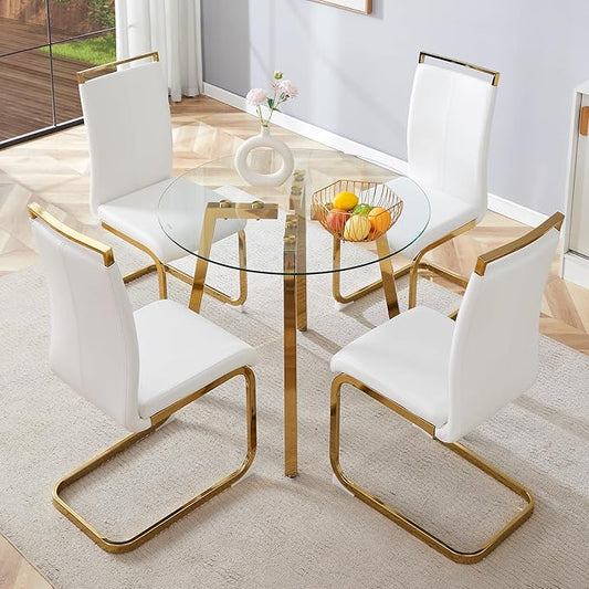 Round Dining Table Set for 4,36" Glass Dining Table Set for 4 with Stainless Steel Leg,Small Kitchen Table Set for 4 with Cushion Chairs,5 Piece Dining Table Sets Space Saving
