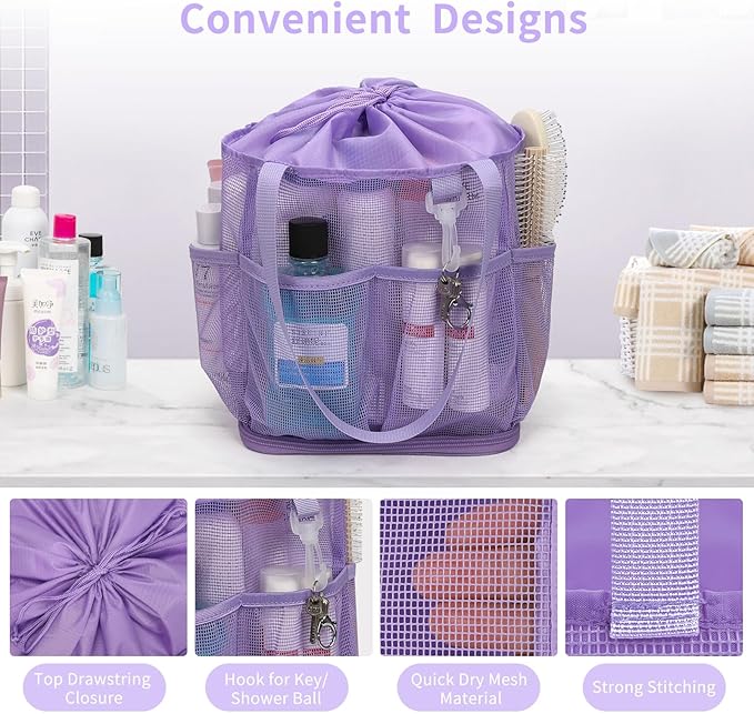 Mesh Shower Caddy Portable for College Dorm Room Essentials, Shower Tote Bag with Hanging Hook and Drawstring, Quick Dry Toiletry Bag with 6 Pockets for Bathroom, Swimming, Gym, Camping, Beach, Travel