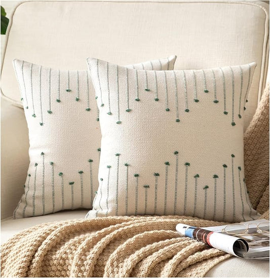 Caflife Boho Throw Pillow Covers 20x20 Set of 2 Decorative Pillows for Bed, Neutral Pillow Covers Beige with Green Line Throw Pillows for Modern Farmhouse Couch Sofa Living Room Outdoor