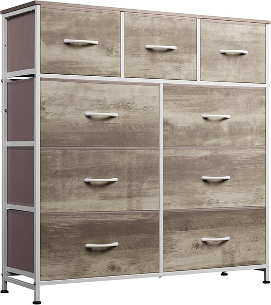 WLIVE 9-Drawer Dresser, Fabric Storage Tower for Bedroom, Hallway, Nursery, Closet, Tall Chest Organizer Unit with Fabric Bins, Steel Frame, Wood Top, Easy Pull Handle, Greige