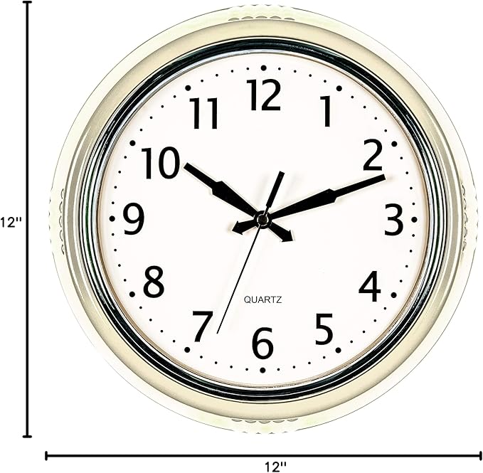 Bernhard Products Retro Wall Clock 12 Inch Cream Kitchen 50's Vintage Design Round Silent Non Ticking Quality Quartz Clock for Home/Office/Classroom