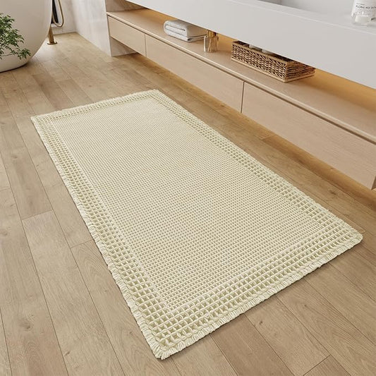 RESARE Waffle Bathroom Runner Rugs, Super Absorbent Bath Mat Non Slip Washable Quick Dry, Ultra Soft Quick Dry Boho Bath Rugs with Tassels for Hallway Bedroom Laundry Room, 2'x4'(24"x48"), Cream