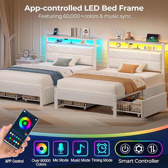 Seventable Twin Bed Frame with 4 Storage Drawers, Charging Station & LED Lights, Upholstered Headboard with 2-Tier Shelves, Metal Platform Bed, No Box Spring Needed, Noise-Free, White