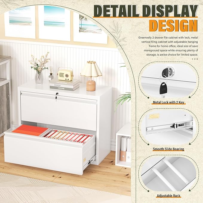 Greenvelly Lateral File Cabinet 2 Drawer, Lockable Metal Filing Cabinet for Home Office, White Metal File Cabinet with Lock for Legal/Letter/A4/F4 Size with Hanging Bars&Key