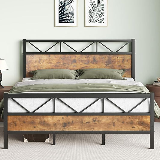 King Size Bed Frame, King Bed Frame and 51.2" Tall Industrial Headboard, King Platform Bed Frame with Strong Steel Slats Support, Noise Free, No Box Spring Needed, Easy Assembly, Rustic Brown