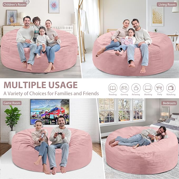 6FT Bean Bag Chair, Large Bean Bag Chairs with Memory Foam Filled, Fluffy Beanbag Sofa with Dutch Velvet Cover, Round BeanBag Chairs for Living Room, Playroom- Light Pink