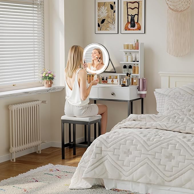Small Vanity Desk with Mirror for Bedroom: Compact Makeup Table Set with Lights - 31.5 inch White Dresser Vanities with Chair for Girls