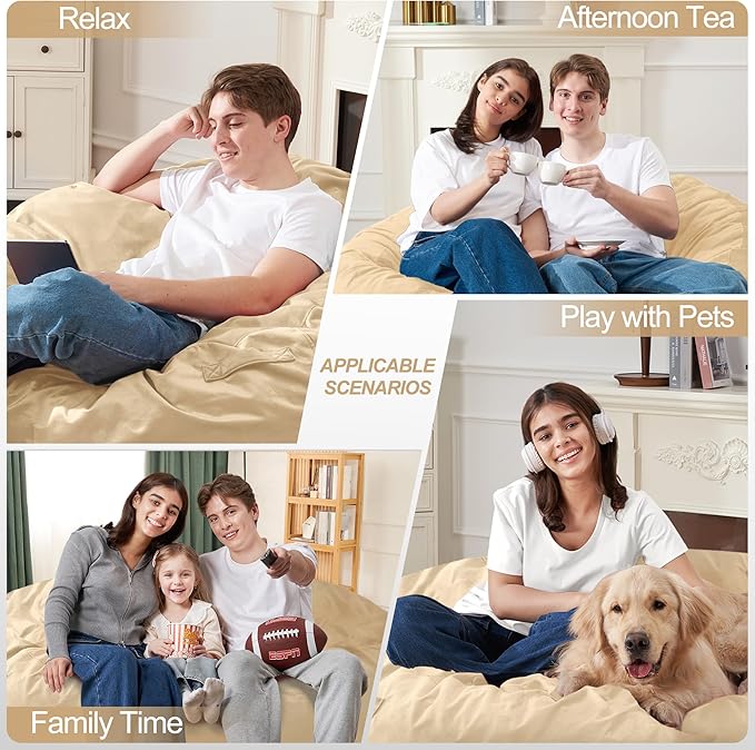 Homguava 6FT Bean Bag Chair Giant BeanBag with Memory Foam Filled, Large Bean Bag Chairs for Adults, Adult Bean Bag Chair with Dutch Velvet Cover for Living Room Bedroom-Khaki