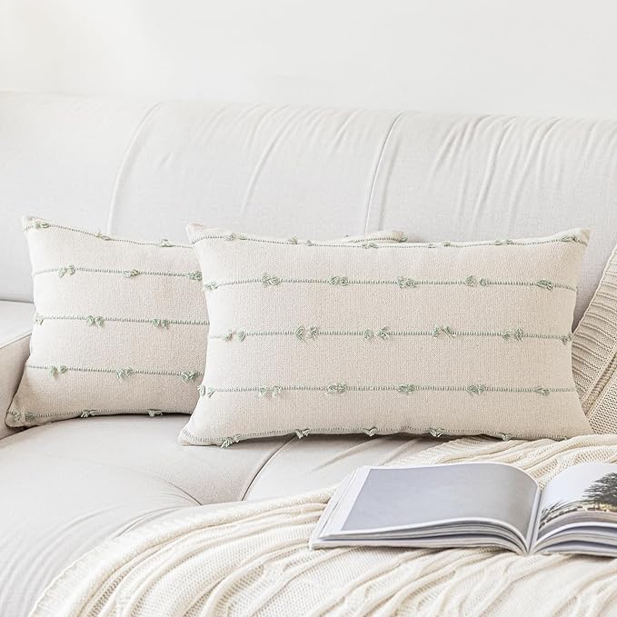 Boho Throw Pillow Covers12x20 Set of 2 Modern Farmhouse Decorative Cushion Case Tufted Linen Square Pillow Cover Neutral Pillow Cases Accent Pillowcase for Sofa,Couch,Bed,Beige and Green