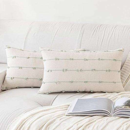 Boho Throw Pillow Covers12x20 Set of 2 Modern Farmhouse Decorative Cushion Case Tufted Linen Square Pillow Cover Neutral Pillow Cases Accent Pillowcase for Sofa,Couch,Bed,Beige and Green