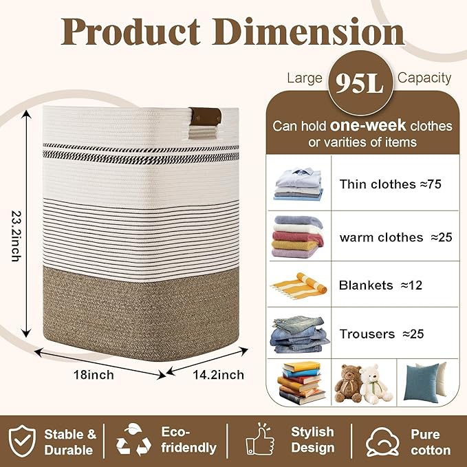 Laundry Hamper, 95L Tall Laundry Basket with Leather Handles, Rectangle Large Clothes Hamper for Organizing, Cotton Woven Laundry Baskets Storage Hampers for Bedroom, Nursery, Living Room