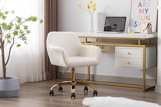 Goujxcy Fluffy Desk Chair, White Faux Fur Vanity Chair Swivel Office Chair for Girls Women, Height Adjustable Cute Teddy Furry Makeup Chairs for Bedroom Home Office