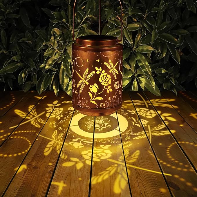 Solar Dragonfly Garden Decor LED Light Hanging Waterproof Metal Lantern for Patio, Pathway, Yard