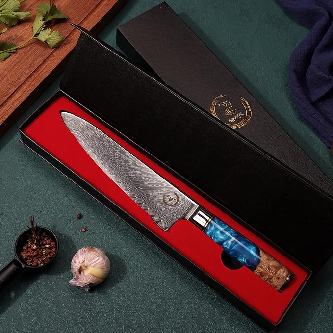 Chef Knife 8 inch, Damascus Chef Knife VG10 Core Steel with 66-Layers High Carbon Professional Sharp Chefs Knife 8" Blade Ergonomic Beautiful Blue Resin Handle Gift Boxed