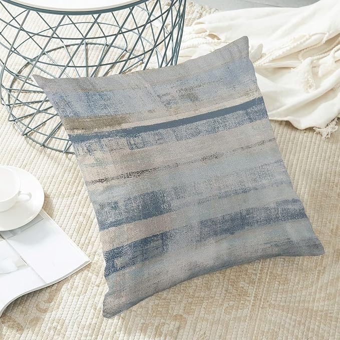 Boho Blue Grey Stripe Throw Pillow Covers 18x18 Inch Set of 2, Rustic Abstract Decorative Throw Pillow Covers Retro Stripe Linen Outdoor Cushion Cover for Sofa Couch Farmhouse Room Bed Decor