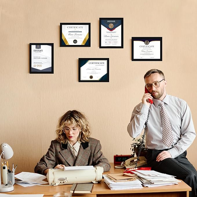 8.5x11 Picture Frame Set of 4, Black Certificate Frame with Real Glass, Photo Frames 8.5 by 11 Diploma Document for Wall Hanging and Tabletop Display