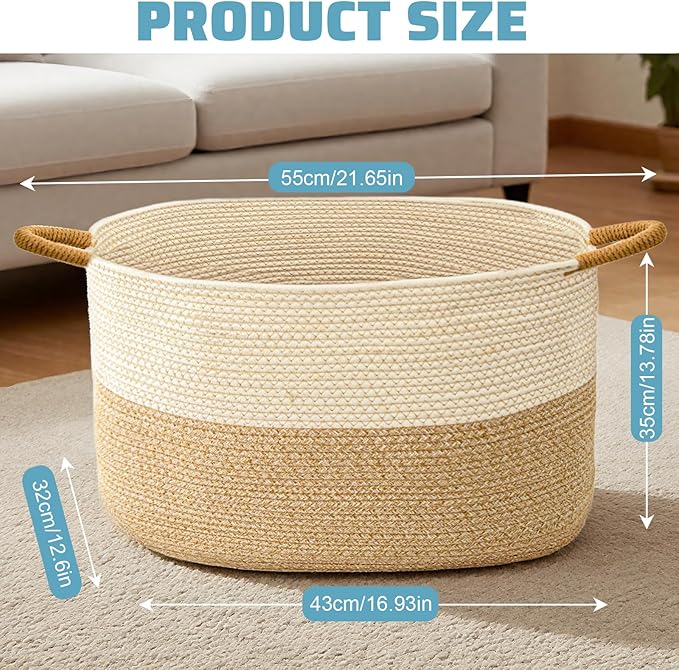 Large Woven Laundry Basket, Cotton Rope Storage Basket for Bedroom, Nursery & Bathroom – Toy Storage Organizer (Large(21.65" L x 12.6" W x 13.78" H))