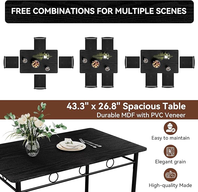 Kitchen Dining Table Set for 4, 5-Piece Kitchen Table Set,Dining Room Table Sets,Rectangular Kitchen Table Set with 4 Chairs for Small Space, Dinette,Apartment,Rustic Black