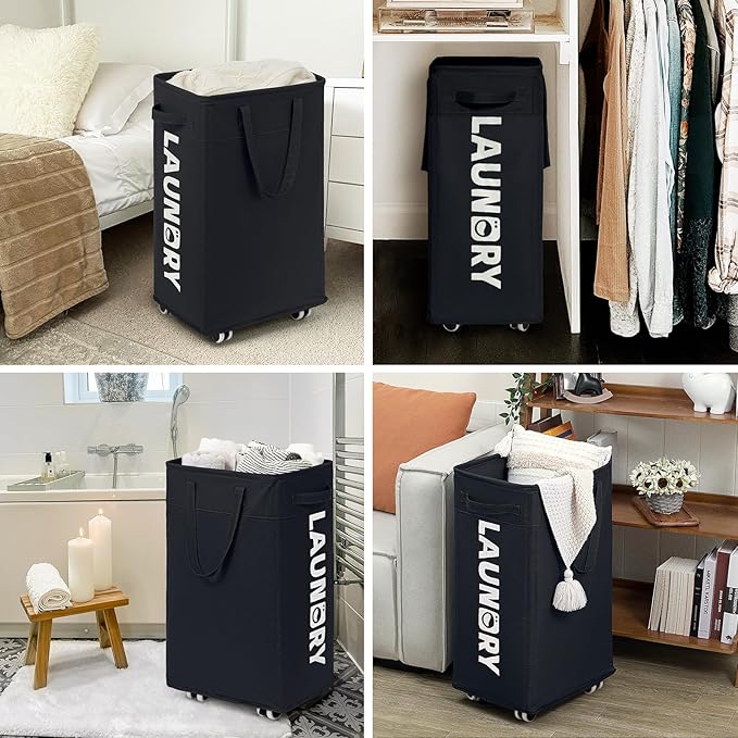 Goodpick Laundry Basket with Wheels, 2-Pack 75L Rolling Laundry Hamper with Removable Wash Bags, Collapsible Laundry Basket for Corner Dorm, Black