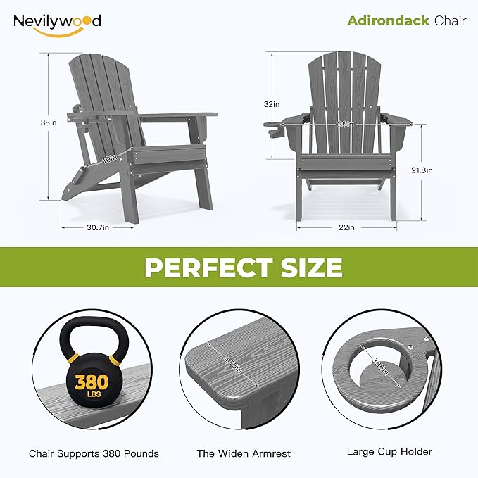 nevilywood Folding Adirondack Chair - Extended Ergonomic Backrest, Cup Holder - Easy Assembly - Durable HDPE Plastic, Weather Resistant & Maintenance-Free - Lawn, Patio, Deck Supports 380lbs Grey