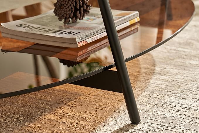 Shrine Glass Coffee Table, Black Walnut Table for Living Room, Glass and Wood Table, 43.3" D x 21.6" W x 15.7" H, Brown Glass Base, Walnut Wood Top&Black Metal Frame