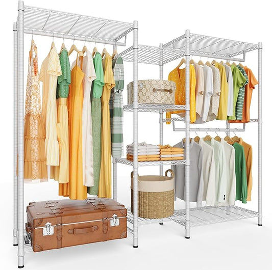 LEHOM G6 Wire Garment Rack Heavy Duty Clothes Rack Compact Large Size Armoire Storage Rack Freestanding Metal Clothing Rack Closet Wardrobe with 3 Hanger Rod and 4 Large Shelves 4 Small Shelves, White