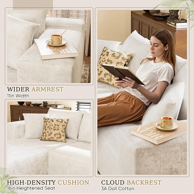 YESHOMY Sectional Couch, 108" Boneless Couches for Living Room, Modular Sectional Sofa with Deep Seat, Cloud Comfy Couch with L-Shape Chaise, No Assembly Required (Chenille, Pearl Cream)