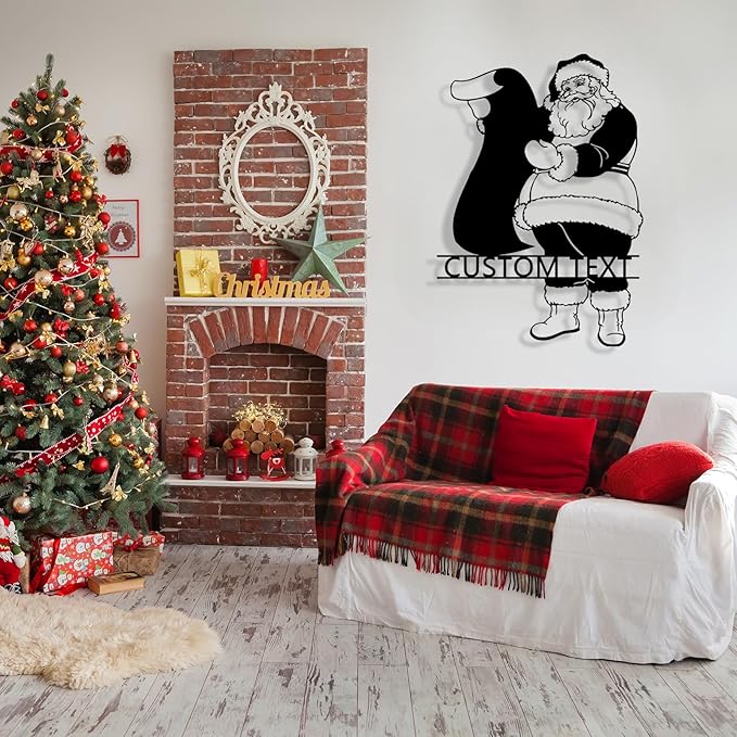 Personalized Christmas Santa Claus Metal Sign, Custom Name Santa Claus Metal Sign Wall Decor, Merry Christmas Holiday Wall Decoration for Home Living Room, Bedroom, Office, Garden, Porch